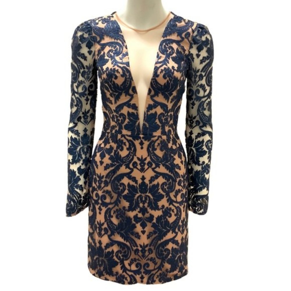Dress The Population Mini Dress S Blue Claudia Plunging Illusion Sequin Lace